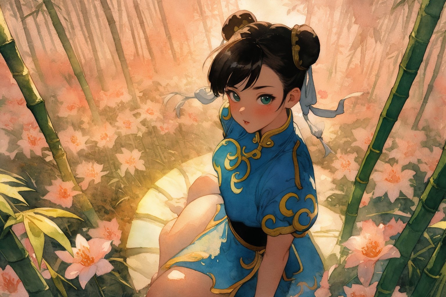 (masterpiece), best quality, expressive eyes,(((ultra detailed, 8k quality))), 1girl, (chun-li),thighs,translucent fabric, sitting, (sunset time, sun rays), (bamboo forest, flower field,glowing, bloom, chromatic, high contrast,green), (((watercolor))), burnt, ((from above))