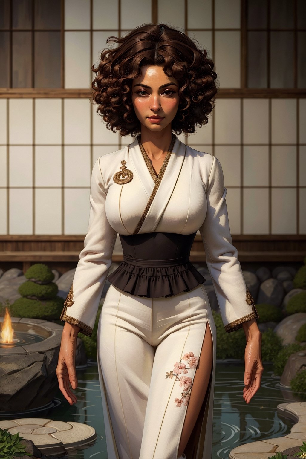 (masterpiece, best_quality, ultra-detailed, immaculate:1.3), epic, illustration, welcoming, 1girl, archer, brown hair, Layered Cut,curly hair, (full body:0.6), ([outlandish costume design]:0.4), in a zen garden 