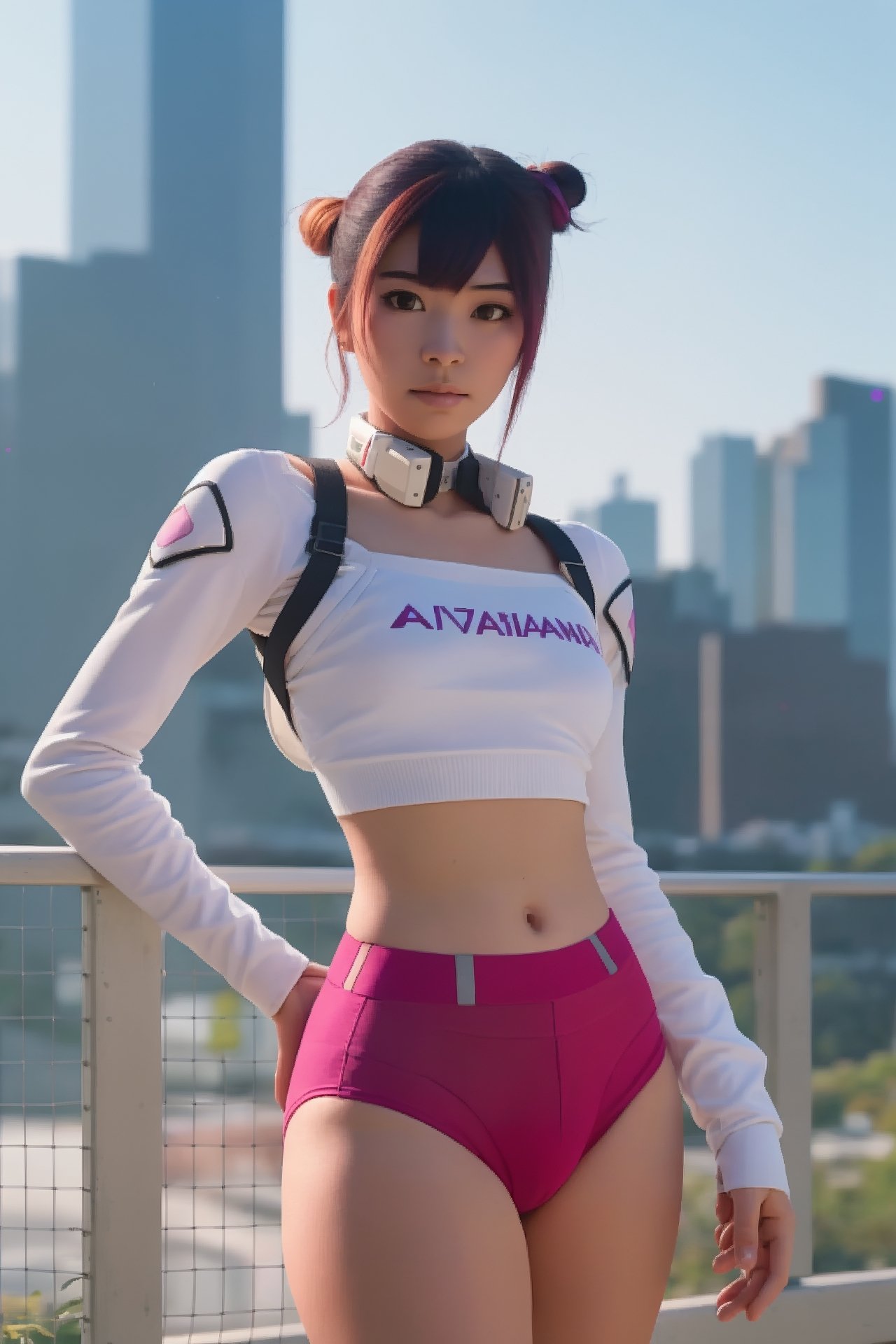 fashion portrait photo of  young woman kiriko (overwatch) wearing contemporary underwear, taken on a hasselblad medium format camera, pastel background scenery, 