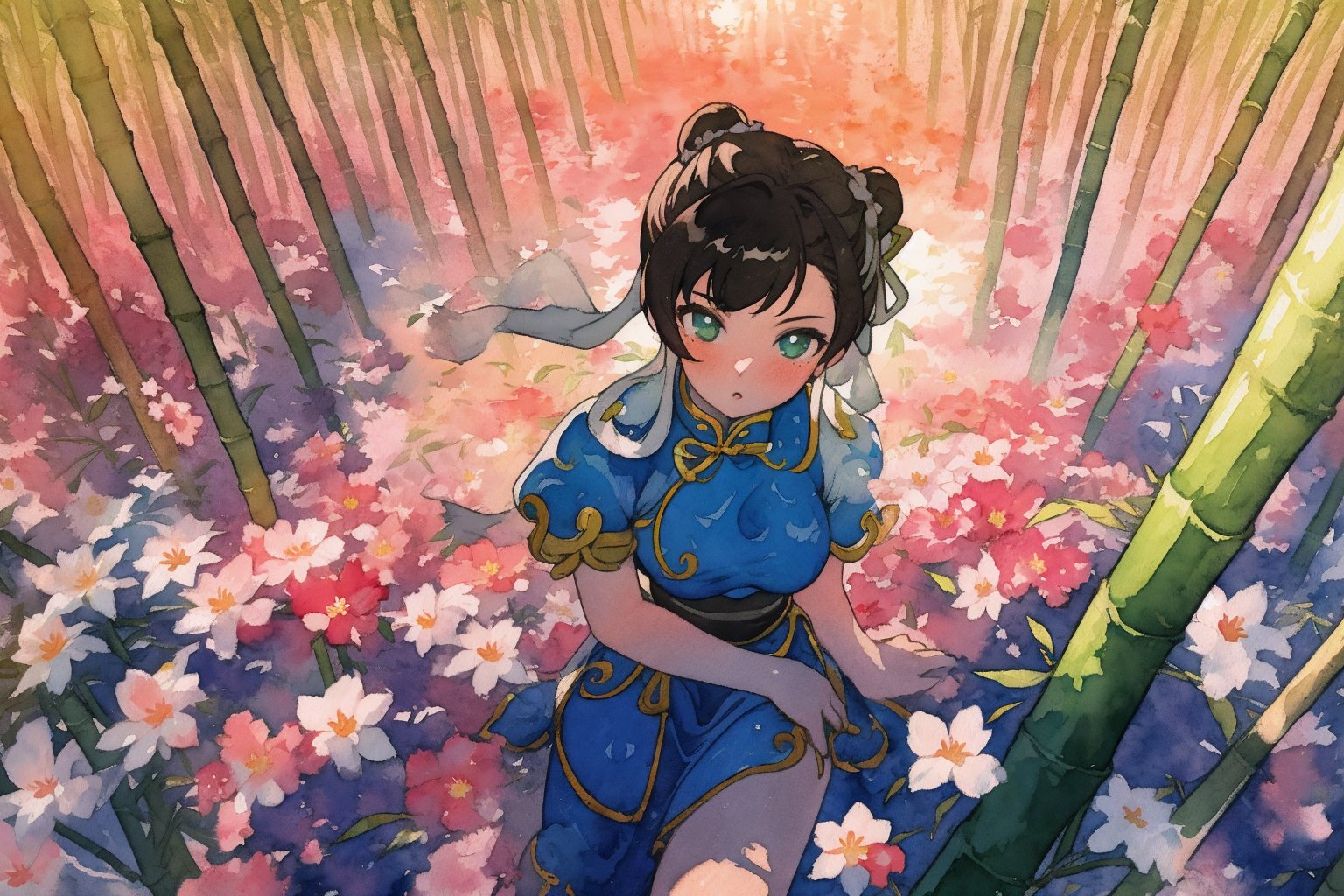 (masterpiece), best quality, expressive eyes,(((ultra detailed, 8k quality))), 1girl, (chun-li),thighs,translucent fabric, sitting, (sunset time, sun rays), (bamboo forest, flower field,glowing, bloom, chromatic, high contrast,green), (((watercolor))), burnt, ((from above))