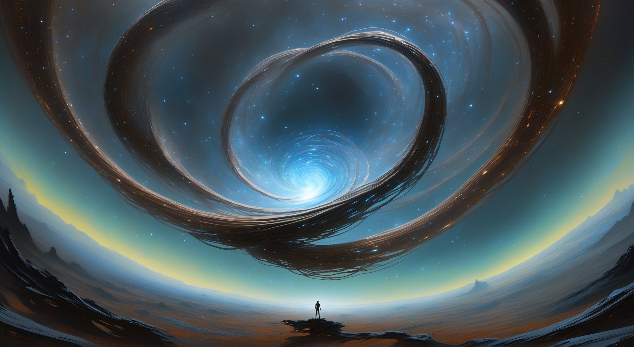 Aerial shot of a desolate, starry night sky, with a faint, pulsating glow emanating from a wispy, iridescent entity drifting lazily across the frame. The swirling vortex of energy and light undulates, its form shifting and morphing as it moves, casting an eerie, otherworldly ambiance. As it approaches, the life force drains from nearby plants and animals, leaving them wilted and lifeless, while the entity continues its slow, ethereal dance through the void., art by glen keane, wide wheels, glass roof, leds, aerodynamic,  art by john Berkey, art by chris foss, art by frank frazetta, 