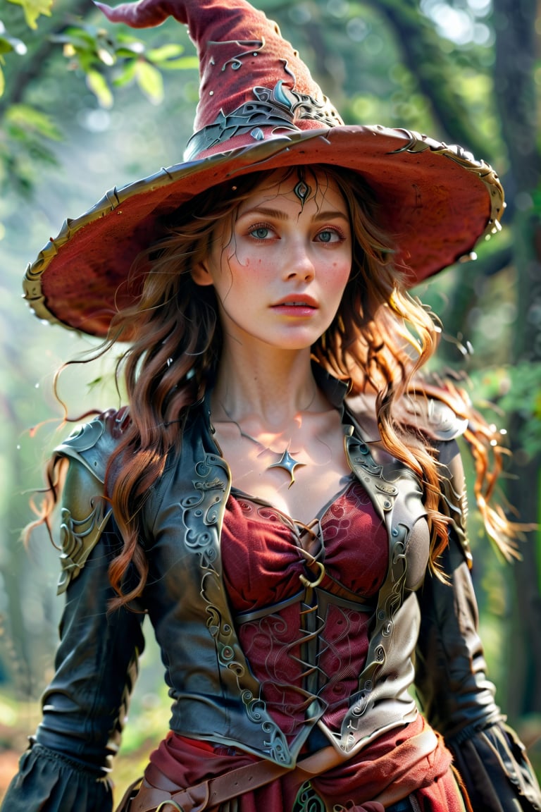 photorealistic, 35mm, intricate details, hdr, intricate details, hyperdetailed, natural skin texture, hyperrealism, sharp, 1 girl, adult (elven:0.7) woman, freckles, grey eyes, chestnut layered hair, looking direct, solo, half shot, detailed background, witch hat, witch, magical atmosphere, hair flowing in the wind, red trimmed light colored clothes, whirlwind of swirling magic spell in the air, dark magic, (style-swirlmagic:0.8), floating particles,