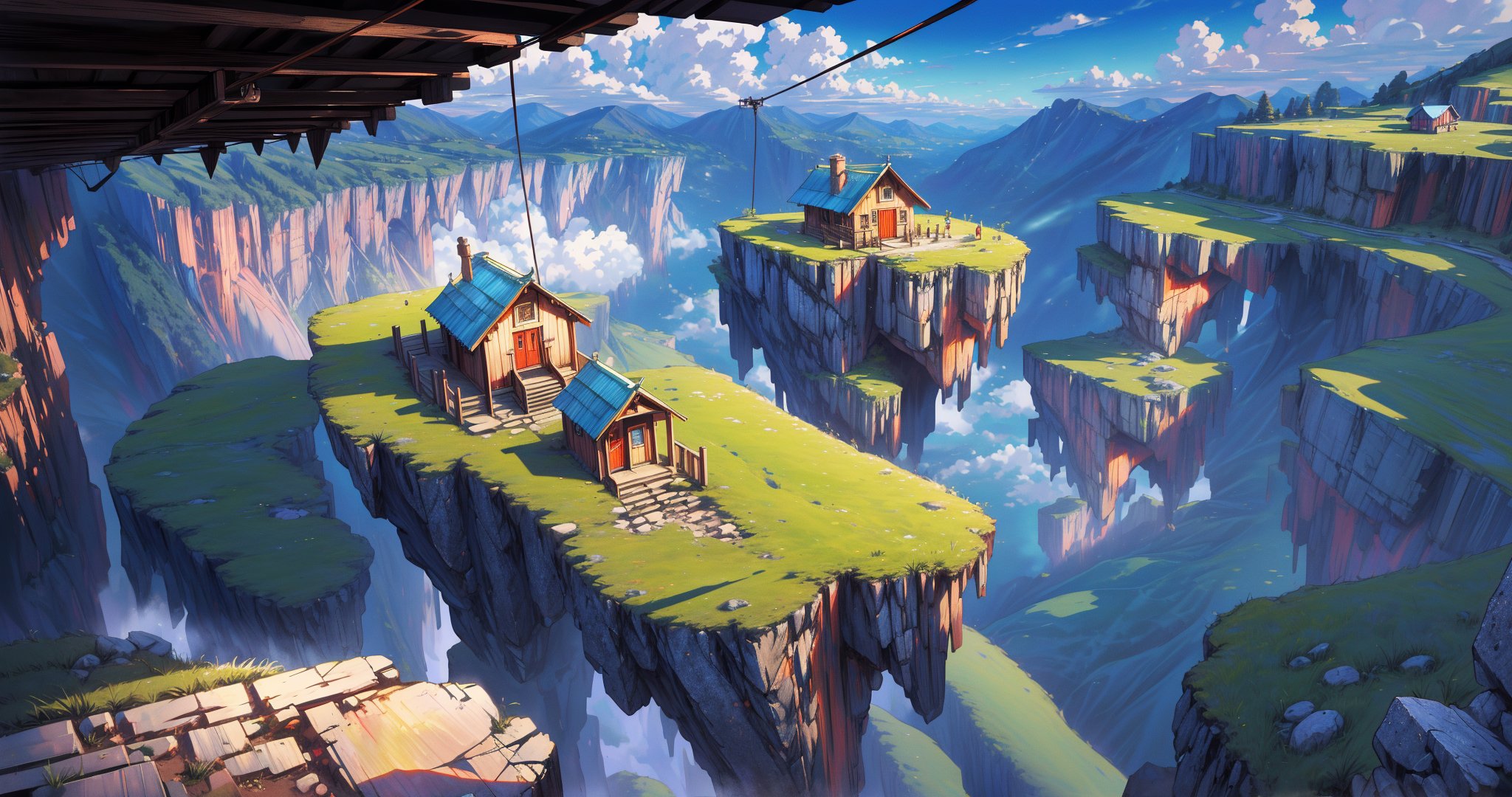 masterpiece, high quality, highres, 2D, illustration, anime, landscape of a cave, Aboriginal stone spherical huts, round windows, metal spikes on the roofs, cable car to huts on steep cliffs
