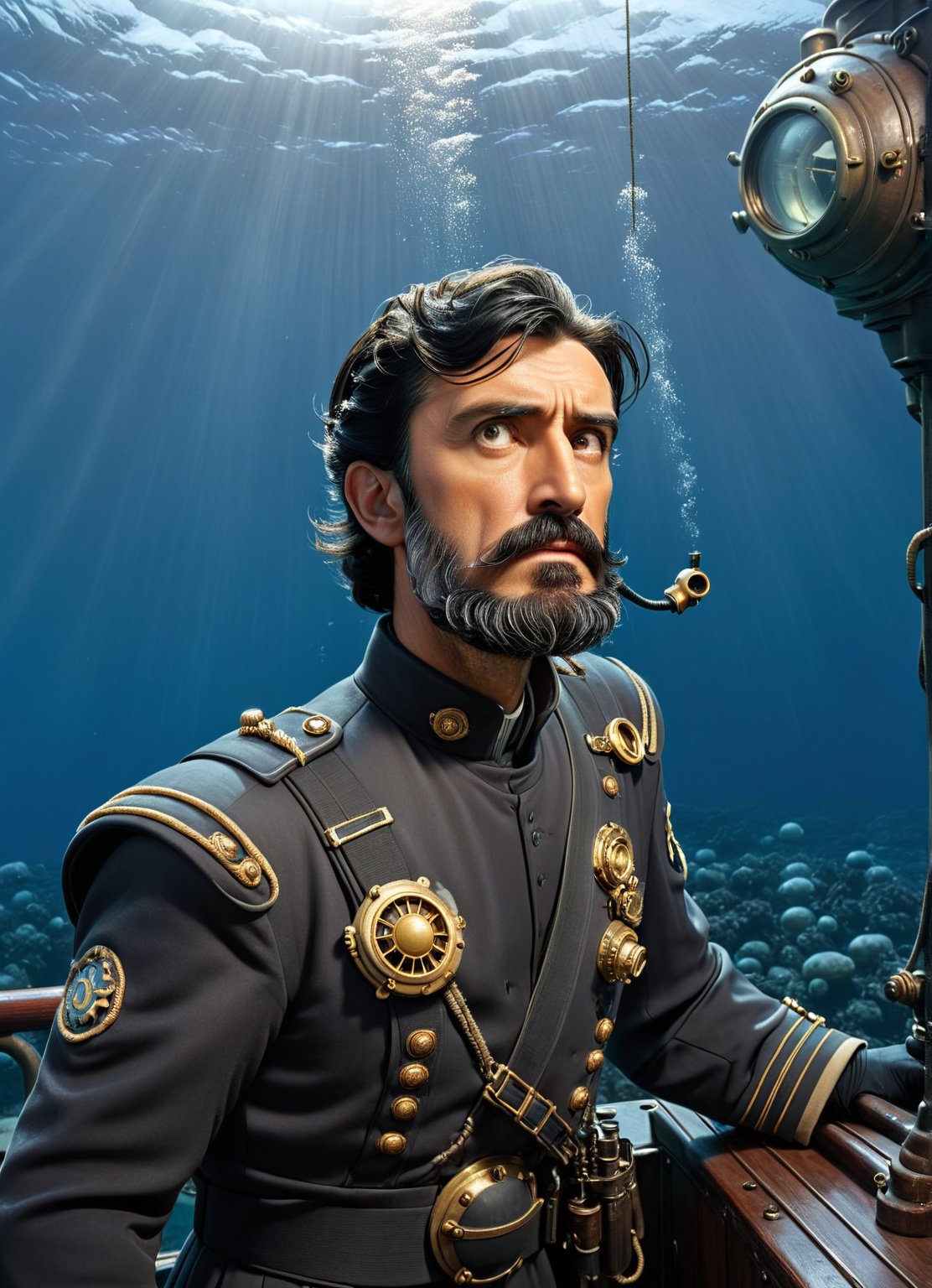 captain nemo stands on the bridge of the nautilus, the submarine nautilus, the nautilus has floated to the surface of the sea, black hair, a middle-aged man, hair blowing in the wind, rocks hanging over the submarine, air bubbles rising to the surface of the sea, a round porthole, a deep-sea scuba suit