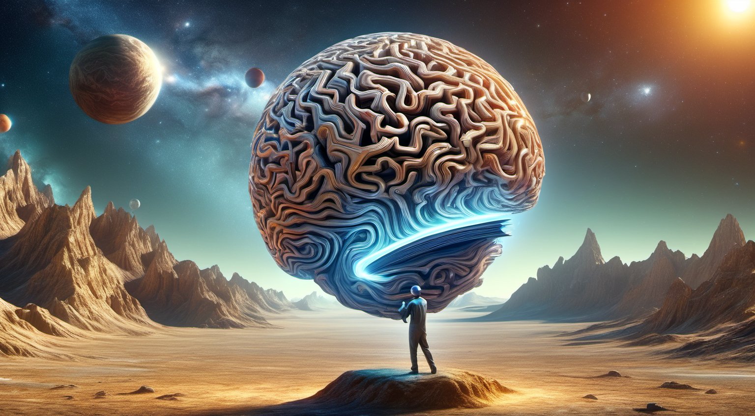 holding a book in his hands cerebral convolutions on the surface of the sphere cap, book made of brain-sphere, brain connected to book, on an otherworldly planet, 
8K Ultra HD, highly detailed, Abstraction, bizarre existence, awesome full color,style,concept,DonM3l3m3nt4lXL