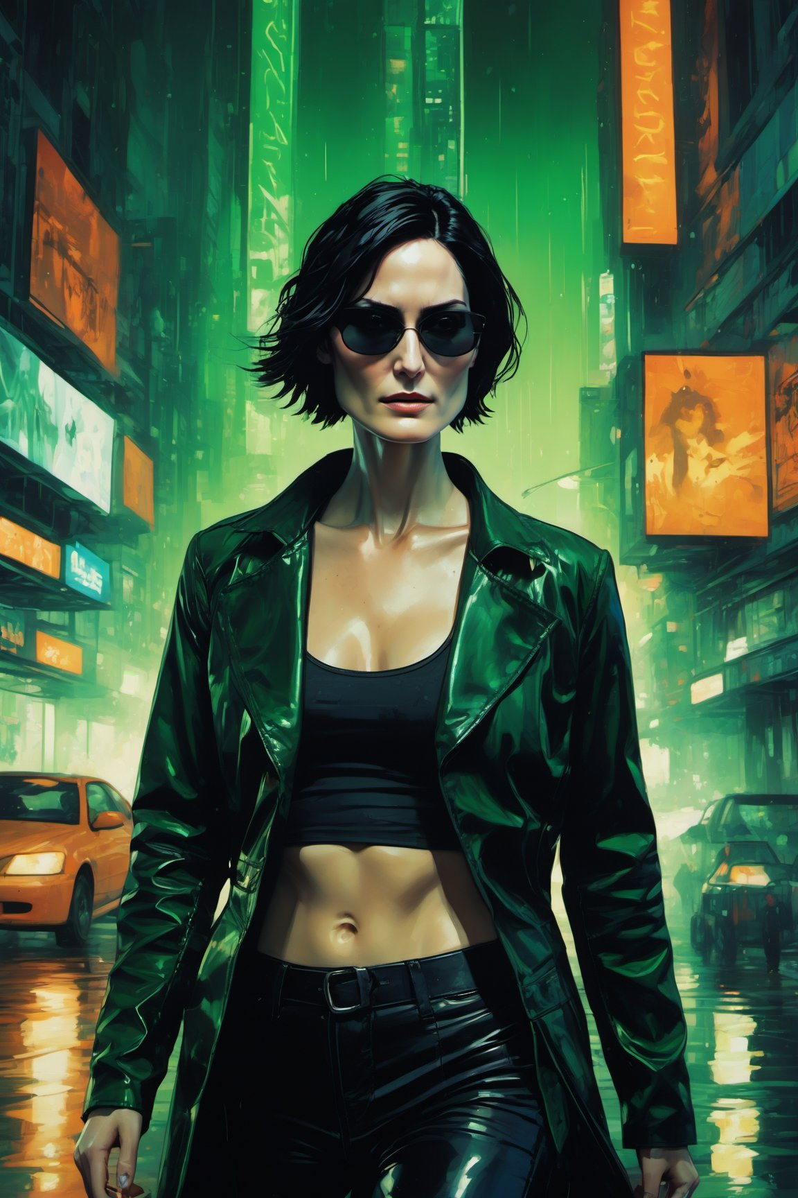 Highly detailed and hyper-realistic painting portrait of (Trinity:1.6) from The Matrix, (performed by an identical Carrie-Anne Moss lookalike:1.7), young face, (holding a gun:1.1), (an ankle-grazing leather coat worn on top of a body-encasing black vinyl top and pants, sunglasses with oval lenses:1.2), standing in a city station with green raining Matrix code. BREAK (aggressive and provocative expression:1.3), tough pose, (front view:1.4), looking at the viewer, (wearing dark sunglasses:1.4), BREAK vaporwave aesthetics, (upper body shot:1.2), greenish Matrix visual tone, (dark atmosphere and dull colors:1.2), eye level, subway station at night in the background, BREAK muted colours, (extremely realistic and accurate:1.4), league of legends, BREAK muted colours, octane render, intricate, ultra-realistic, elegant, highly detailed, digital painting, artstation, concept art, smooth, sharp focus, illustration, by ilya kuvshinov and krenz cushart, three-quarters view, sharp hard lines, brush strokes, watercolor, oil painting, ink panting, style by Agnes Cecile, Alberto Seveso, Anna Bocek, Carne Griffiths, Charlie Bowater, ink, more detail XL, ink , Comic Book-Style 2d,scary