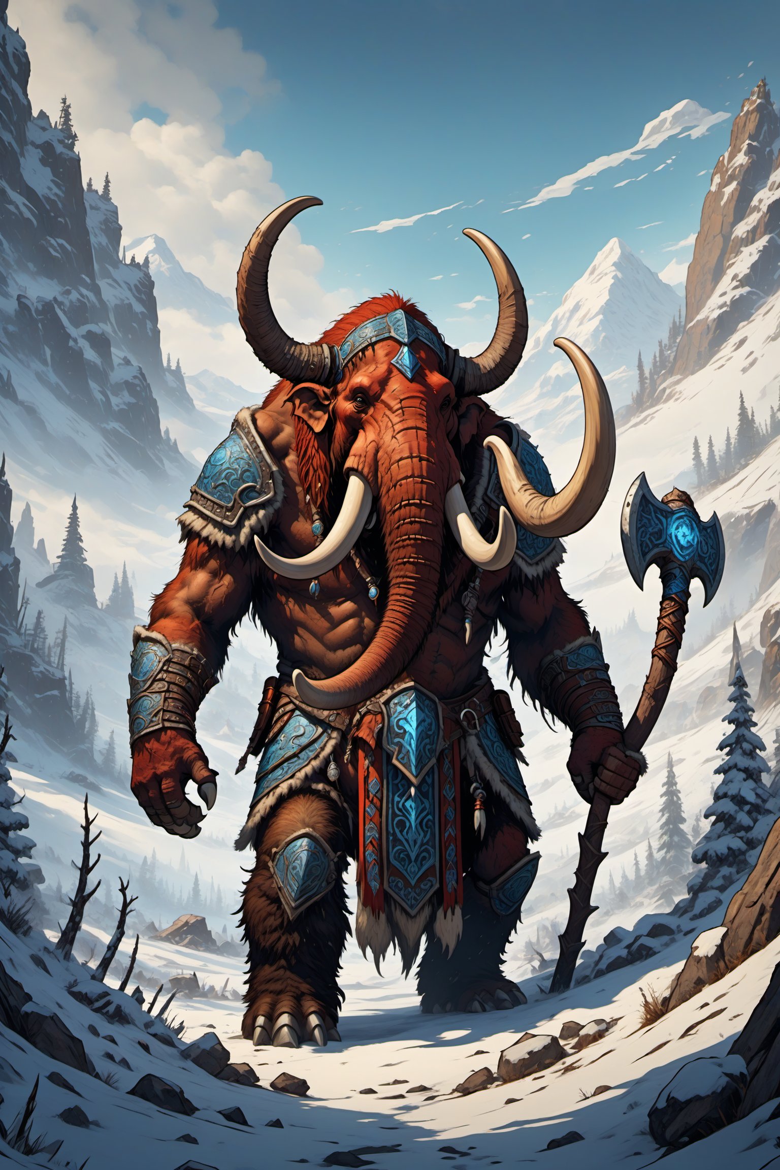 highly detailed and dramatic scene, a towering fluffy red mammoth warrior in a snowy mountain, DnD style, the mammoth warrior stands proudly, its massive form clads in rugged tribal armor made of bones and leather and metal, its tusks are adorned with intricate carvings and glowing runes, and it wields a gigantic ornate battle axe, Snow falls gently around the warrior, and the mountain is dense with tall snow-covered trees, The ground is blanketed in snow, The atmosphere is tense and mystical, cold blue-tinted light filtering through the trees, The mammoth's eyes glow