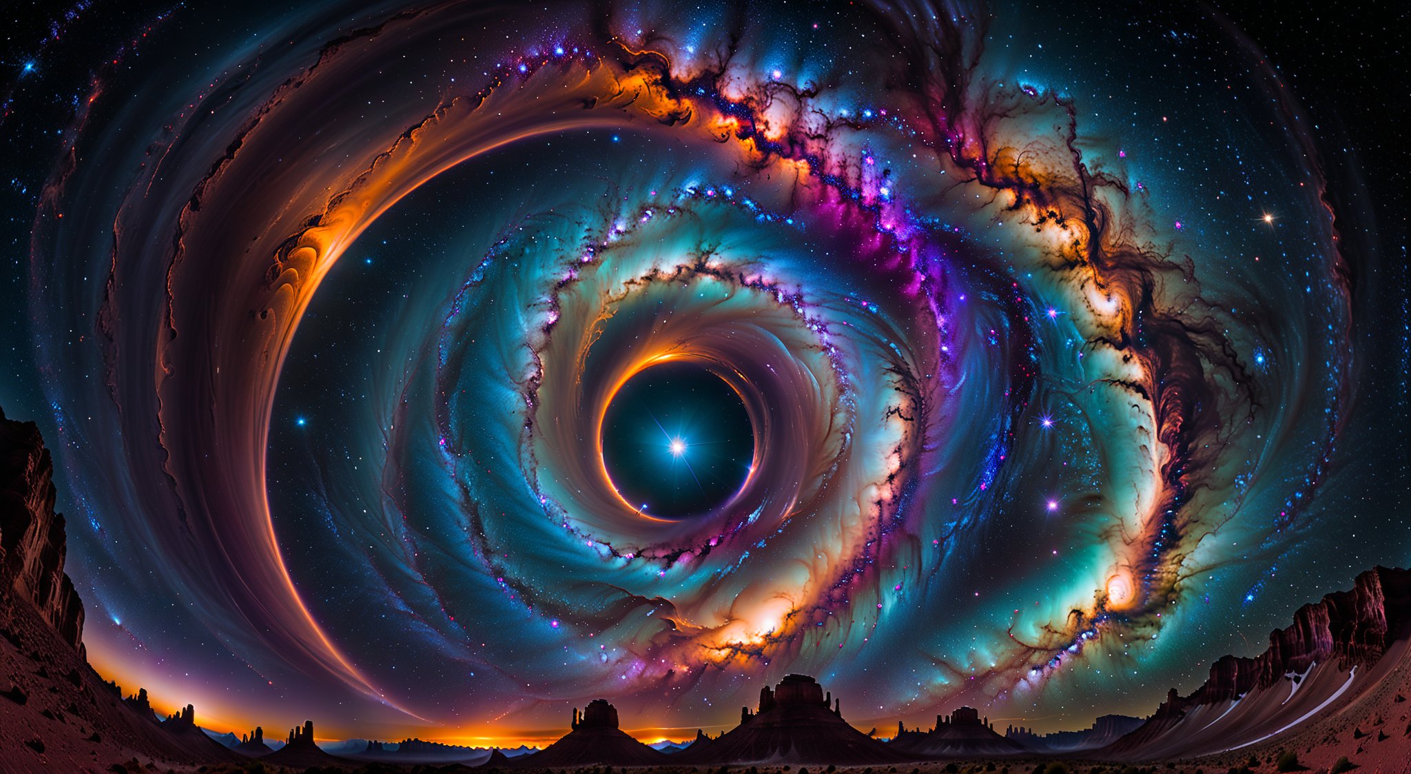 Aerial shot of a desolate, starry night sky, with a faint, pulsating glow emanating from a wispy, iridescent entity drifting lazily across the frame. The swirling vortex of energy and light undulates, its form shifting and morphing as it moves, casting an eerie, otherworldly ambiance. As it approaches, the life force drains from nearby plants and animals, leaving them wilted and lifeless, while the entity continues its slow, ethereal dance through the void.. Life emerges on other planets between galaxies and the cosmos, traveling through it in spaceships with technology far superior to human technology. Their ships exceed the speed of light, allowing them to travel between galaxies, planets, and even through time. The image should evoke awe and fascination, with a color palette ranging from purples, blues, magentas, black, white, and orange. A surreal world beyond our planet, a life after our life. Composition: The image's composition should be guided by the Fibonacci structure, combining the ethereal with the real, the cybernetic with the mechanical, and the human with the extraterrestrial. The images are captured with a Hasselblad camera and a wide-angle lens.