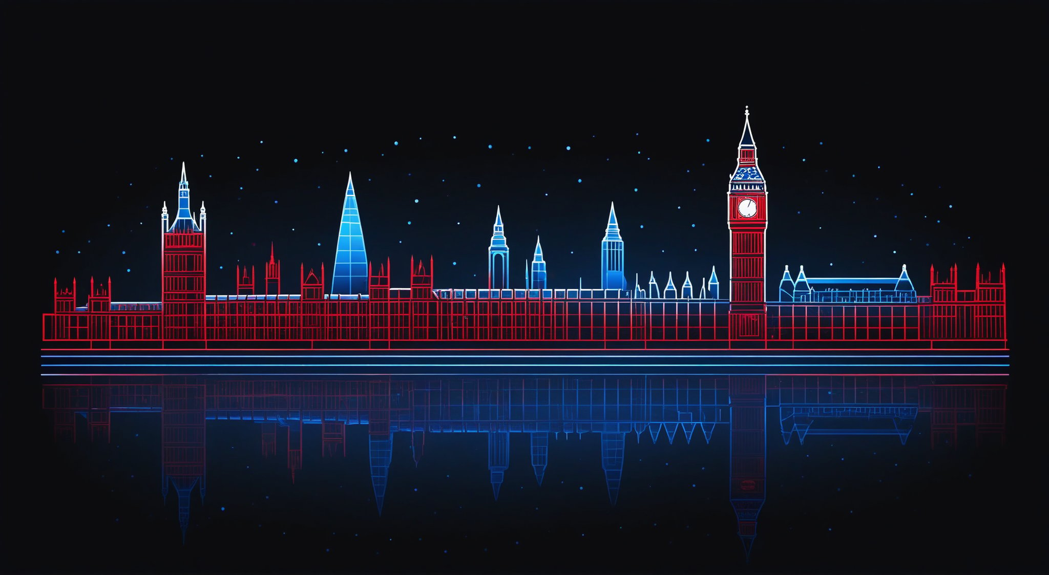 On a black background,
London
made of blue and red reflective glass, bioluminescence, (Logo art design).