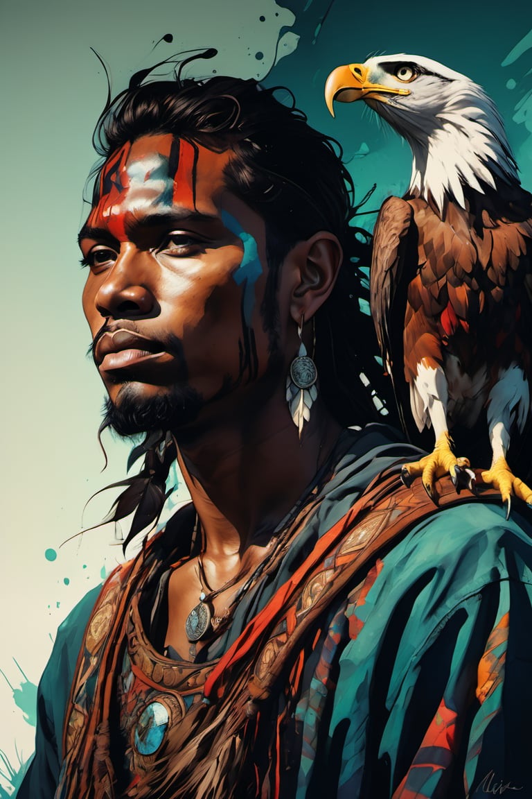 Highly detailed and hyper-realistic painting portrait of A proud seminole man holding an eagle, in the everglades, the spirit of Chief Osceola, sad face, emotional scene.
intricate details, life-like, cinematic, hypermaximalism, dynamic lighting, sharp focus, illustration, by ilya kuvshinov and krenz cushart, three-quarters view, sharp hard lines, brush strokes, watercolor, oil painting, ink panting, style by Agnes Cecile, Alberto Seveso, Anna Bocek, Carne Griffiths, Charlie Bowater, ink, more detail XL, ink , Comic Book-Style 2d,scary