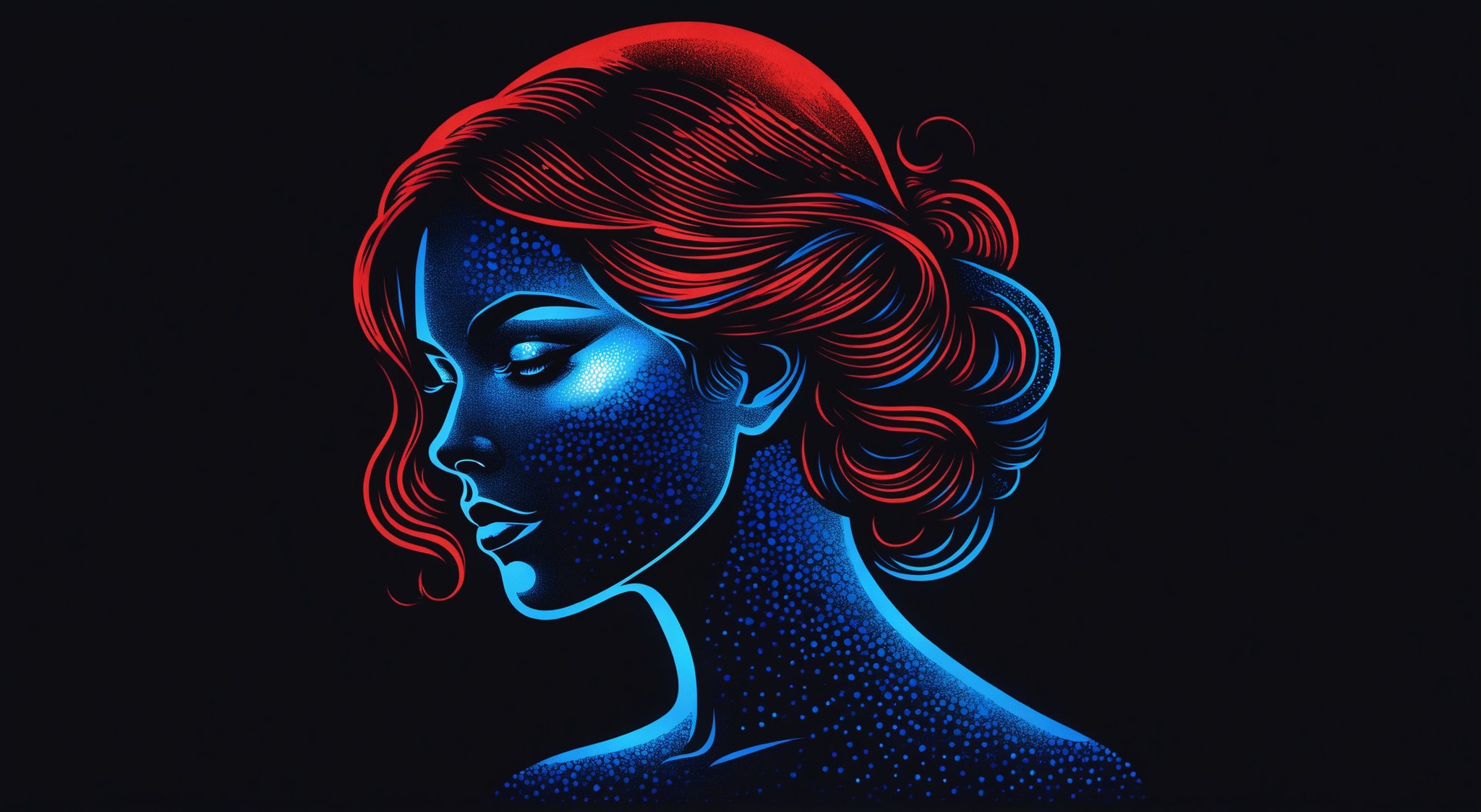 On a black background,
Portrait of a Vintage Girl
made of blue and red reflective glass, bioluminescence, (Logo art design).