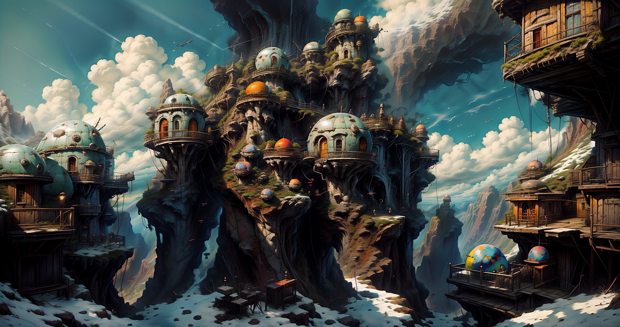 masterpiece, high quality, highres, 2D, illustration, anime, landscape of a cave, Aboriginal stone spherical huts, round windows, metal spikes on the roofs, cable car to huts on steep cliffs
,disney pixar style,Color Booster,nodf_lora,Painting,Nature,EpicArt,WtrClr,cloudstick