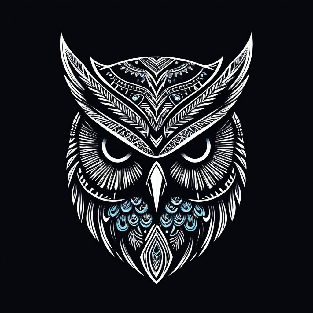 On a black background, AFRICAN OWL MASK made of black and white reflective glass, bioluminescence, 
Crisp vector edge, smooth vector shapes, graphic design for t-shirt print (Logo art design).  Minimalist vector graphic design, Sharp image edges, flat color, Drawing for tattoo