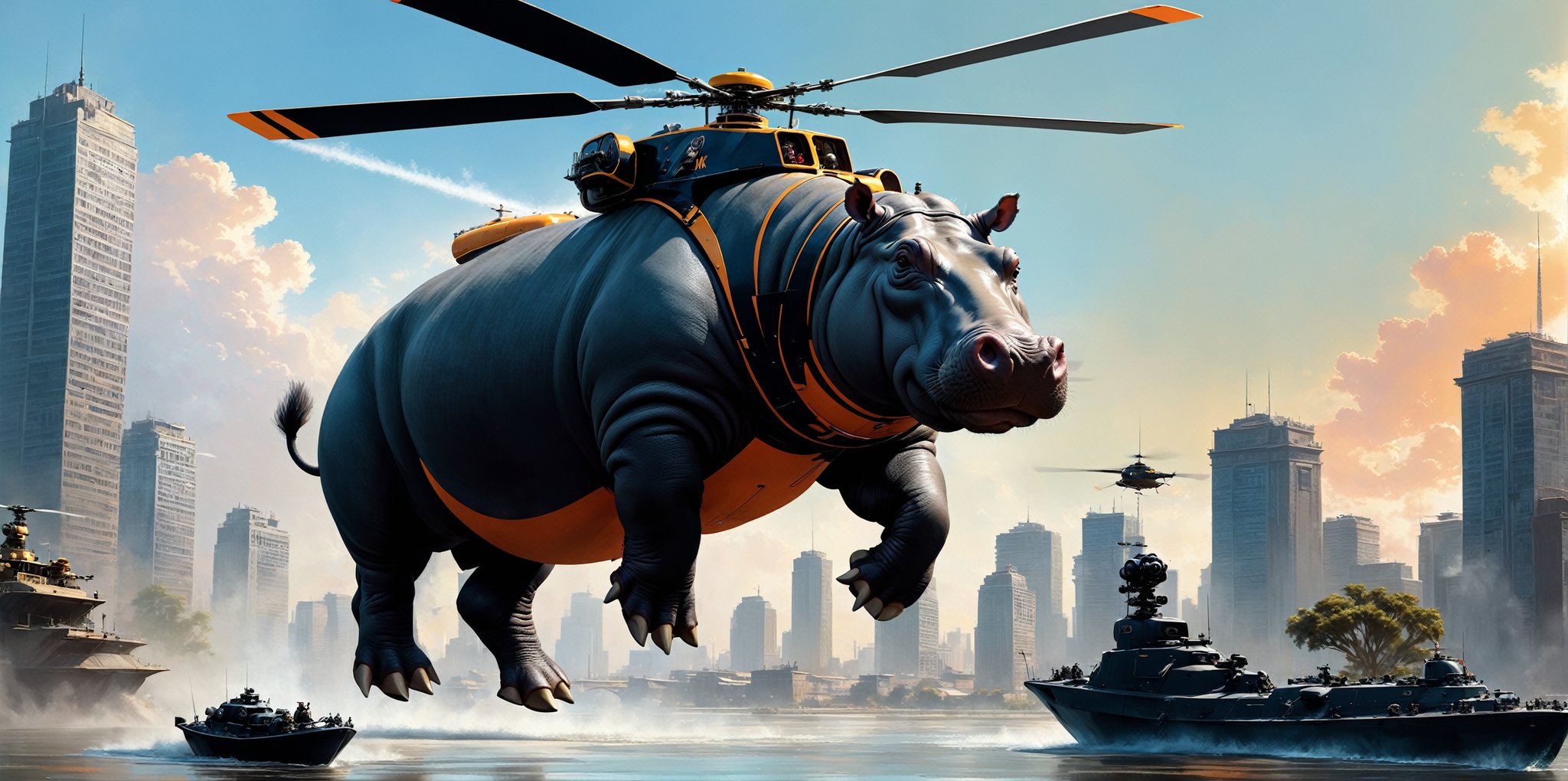 Ultra wide photorealistic,  

a techno-hippopotamus, a hippopotamus helicopter flies in the sky, flies in the sky,
fantastic and psychedelic hippo-helicopter, mutation of a hippopotamus with a helicopter, biomutant hippo-helicopter, helicopter blades on the back of a hippopotamus, round portholes on the back of a hippopotamus, helicopter from a hippopotamus,

a helicopter made of a hippopotamus, a helicopter propeller, a helicopter propeller is spinning, helicopter blades are mounted in the back of a hippopotamus, a hippo-helicopter flies over the city, a techno-hippopotamus



Black and light Orange Grey,  8k photorealistic masterpiece - by Aaron Horkey and Jeremy Mann - detail. liquid gouache: Jean Baptiste Mongue: calligraphy: acrylic: color watercolor, cinematic lighting, maximalist photo illustration: marton Bobzert: 8k concept art, intricately detailed realism, complex, elegant, vast, fantastic and psychedelic, dripping colors, sun, long shadows, reflections, tatto, photo r3al, 