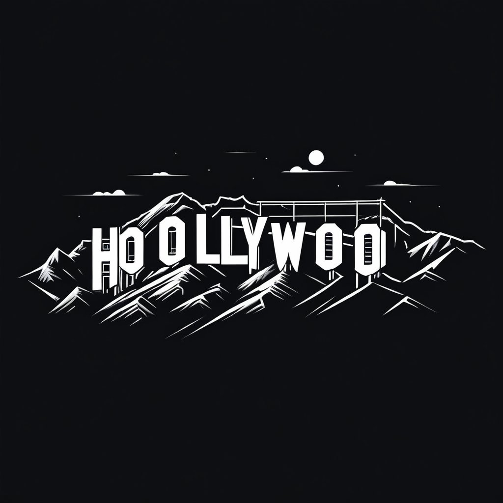 On a black background, HOLLYWOOD SIGN made of black and white, 
Crisp vector edge, smooth vector shapes, graphic design for t-shirt print (Logo art design).  Minimalist vector graphic design, Sharp image edges, flat color, Drawing for tattoo