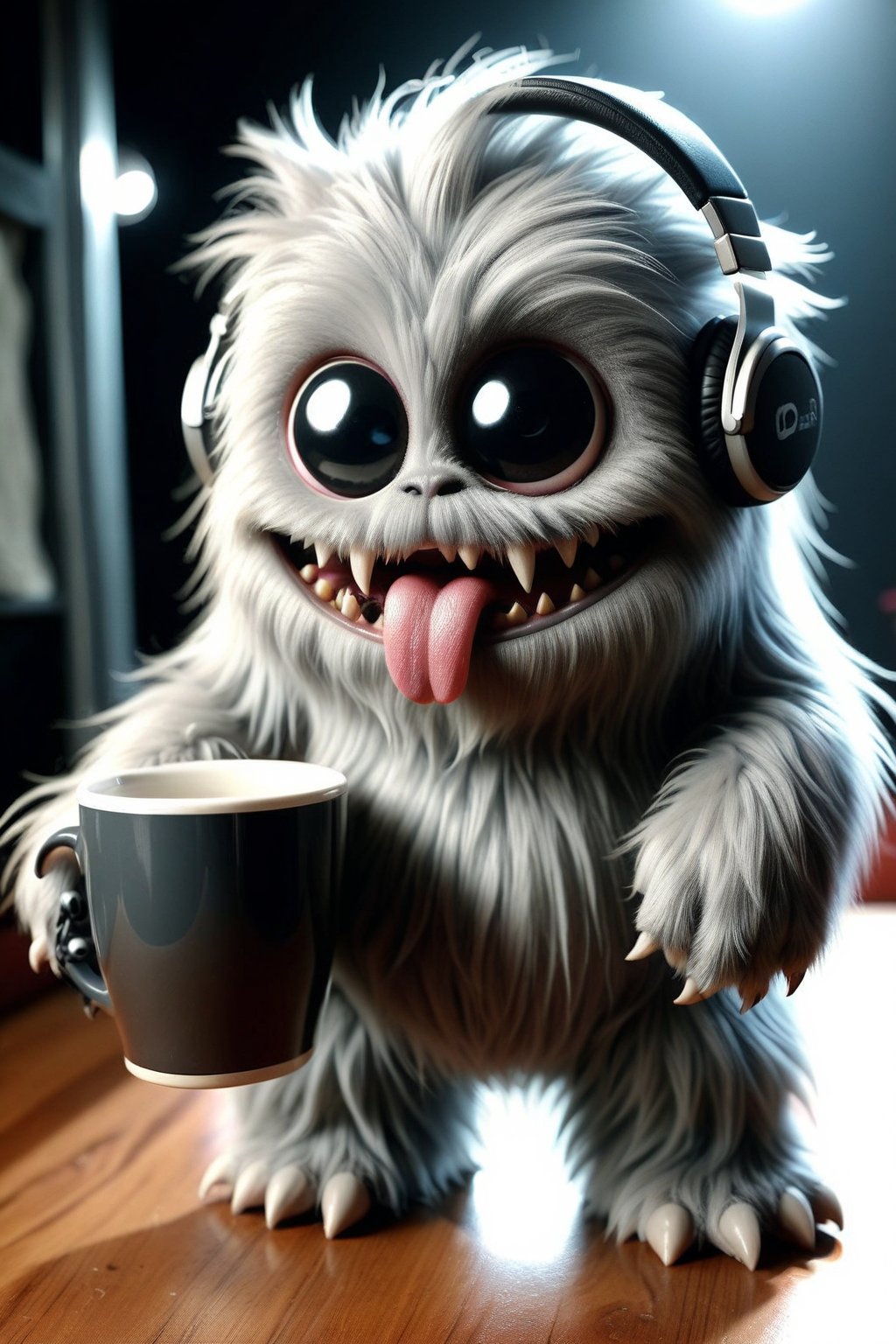 very cute and terror, realistic grey monster whit a black shirt and cup black with headphones standing in background complete black, unsettling, wide angle, night time, shot on Leica