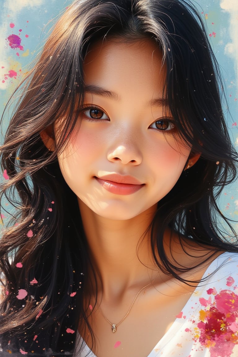 A vibrant mixed watercolour portrait of a beautiful 14yo girl, Black hair and Asian features, slanted brown eyes, capturing her radiant complexion and expressive eyes. The image is framed close-up, focusing on her face with soft, diffused lighting. The composition is centered, with her hair flowing naturally and a gentle smile on her lips. The background is a blend of soft pastel hues, allowing her to stand out prominently. The watercolour technique is used to create a fluid, dynamic effect, highlighting her elegance and grace.,OIL PAINTING