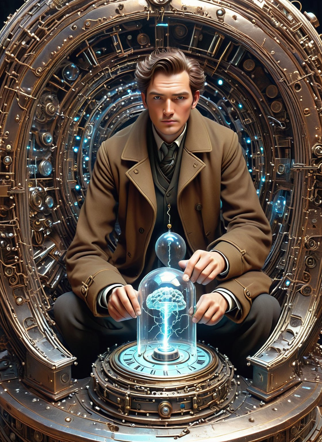 time traveler, herbert wells, man sitting in to the capsula mechanism, holding the time lever, destroyed antique statues around, worn clothes, 1850 style, brown coat, crystal tips, strange mechanism capsula, electronic ornament, electrical discharges, chrome geometric distortions, chrome fractal, electrical scheme, wires connected to the brain