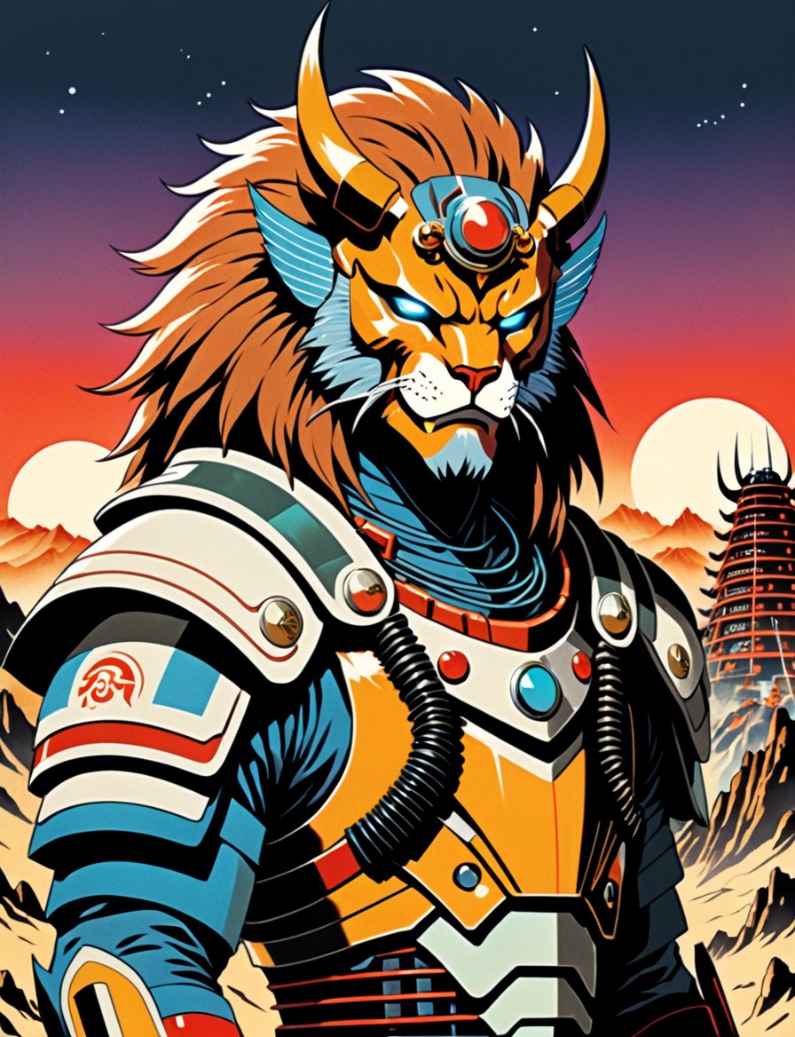 head and shoulders portrait, vintage comic book illustration of a cyber anthropomorphic manticore Samurai, stands after the battle, oni robot mask, wires, leds, mega city planet setting , wearing space suit, desert planet background, apocalyptic environment,  vintage color palette, exquisite detail,  30-megapixel, 4k, manga, Illustration,