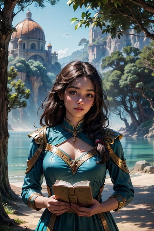 "A realistic photograph of a girl, adorned in enchanting attire, holding an ancient-looking book against the backdrop of a serene seascape. The magic in the air is palpable, accentuated by the soft play of light and shadow. The image merges fantasy and reality, making it an ideal cover for a magical adventure novel."