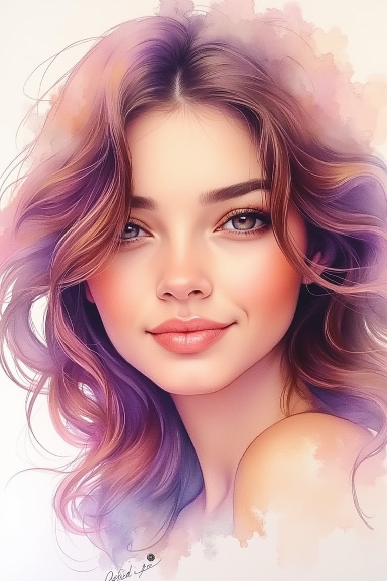 A vibrant mixed watercolour portrait of a beautiful 20yo girl, capturing her radiant complexion and expressive eyes. The image is framed close-up, focusing on her face with soft, diffused lighting. The composition is centered, with her hair flowing naturally and a gentle smile on her lips. The background is a blend of soft pastel hues, allowing her to stand out prominently. The watercolour technique is used to create a fluid, dynamic effect, highlighting her elegance and grace.