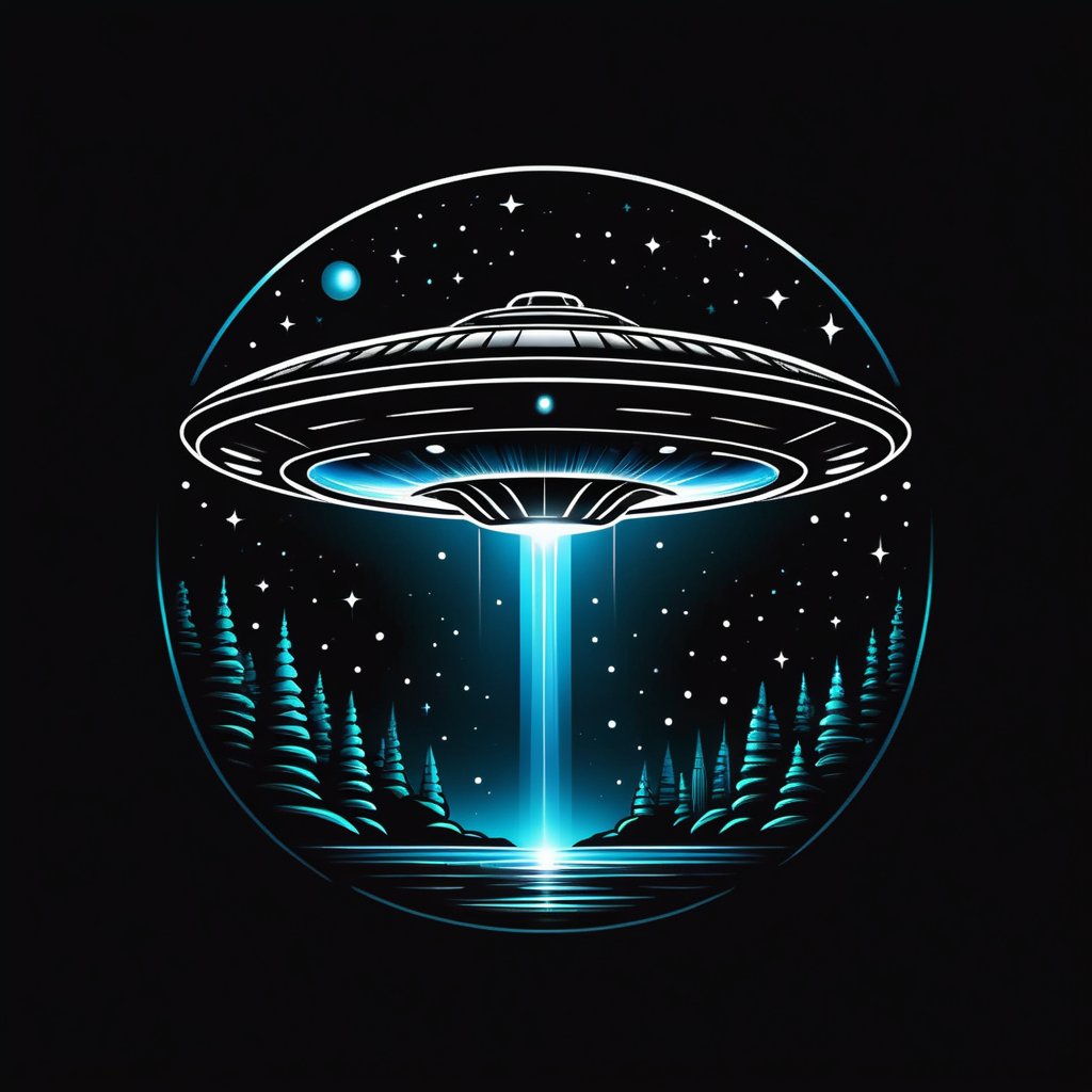 On a black background, UFO made of black and white reflective glass, bioluminescence, (Logo art design).