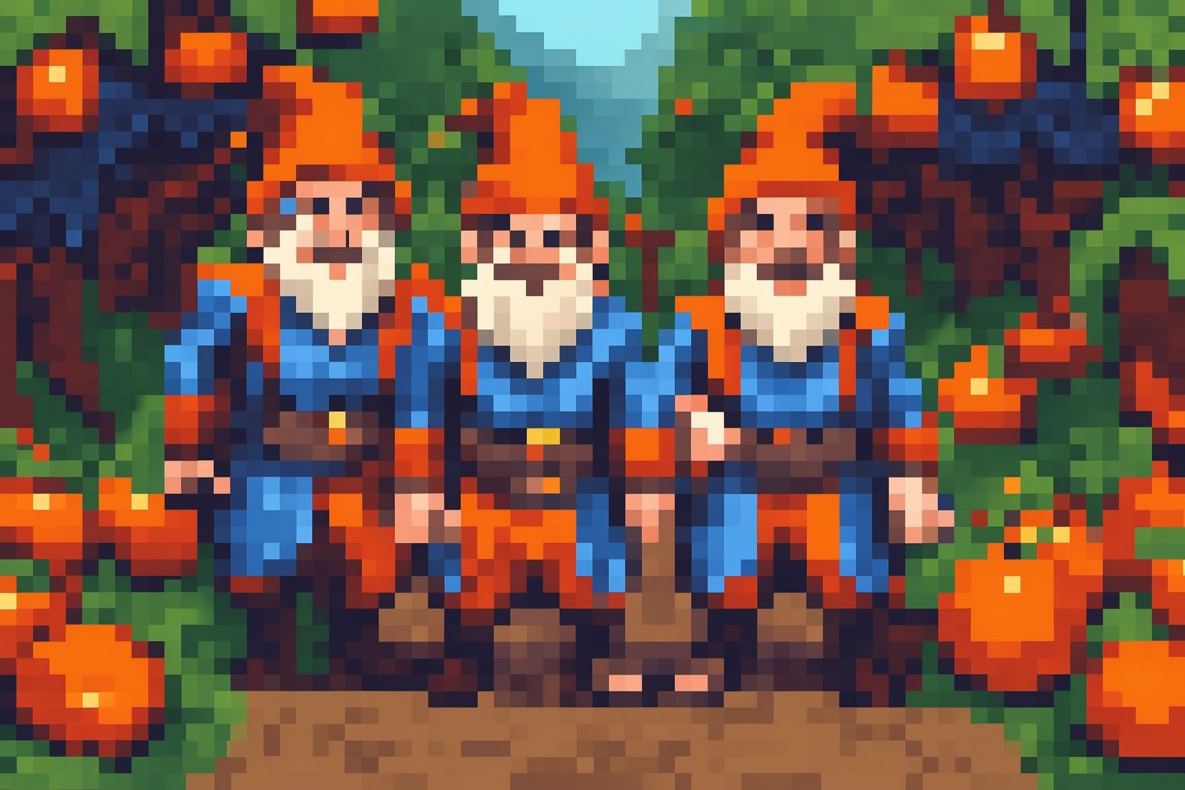 Pixel Art of gnomes in an orange grove picking oranges. All wearing Red and Blue outfits.