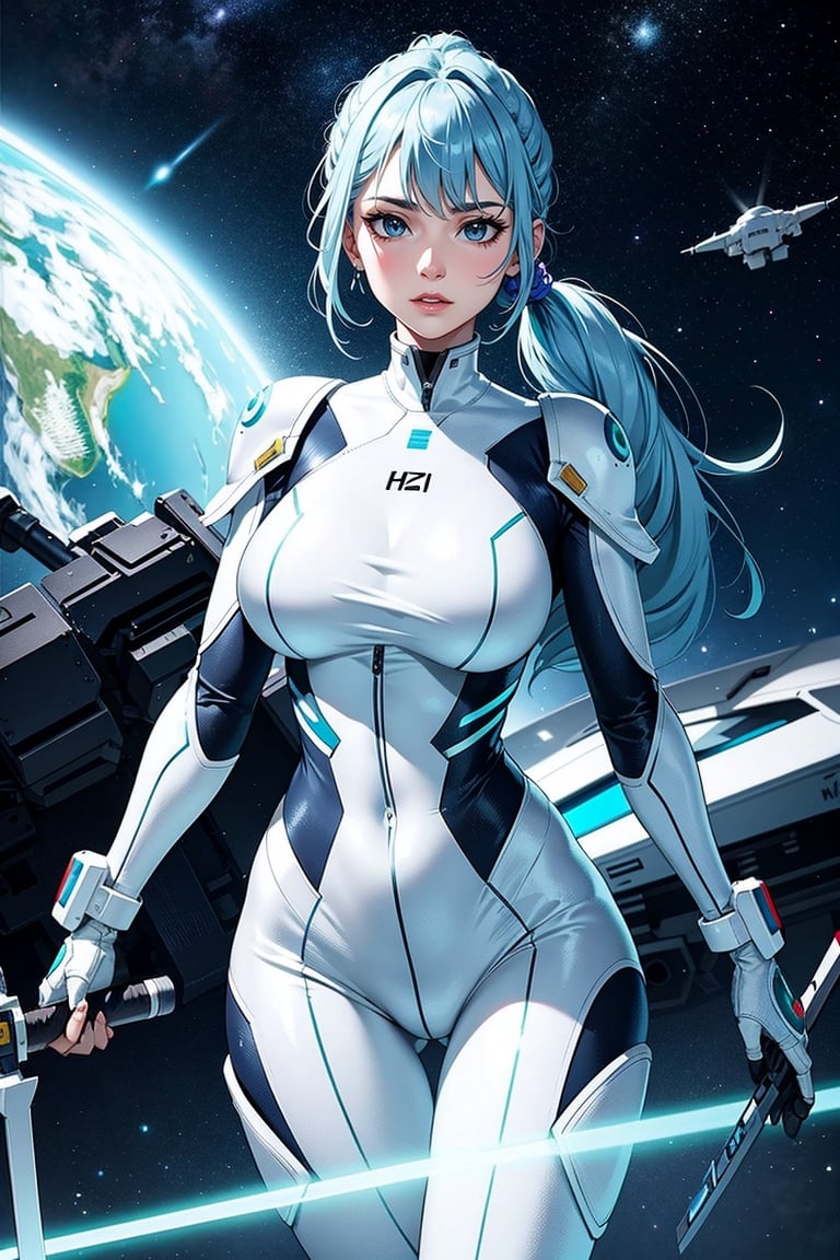 4K,hight resolution,One Woman, light blue hair,poneyTail.Green eyes,Colossal ,White Cybersuit,Bodysuits, Longsword, spaceship in the space