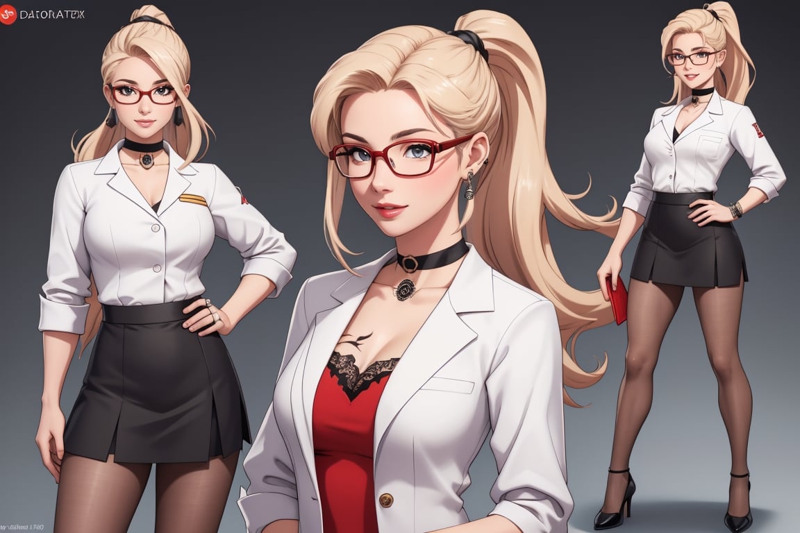 (The concept character sheet of a strong, attractive, and hot scientist, scientist´s gown ,blond_hair, long_ponytail, glasses, (woman pale skin), swedish woman, evil smile, red lips, (scientist suit), girl tall, choker, (Sexy scientist Lady), short black skirt, white shirt, pantyhose, large breast . Her face is oval, forehead is smooth and visibly rounded at the temples. jawline is softly defined, giving her a gentle and feminine appearance, (full body, Full of details, frontal body view, back body view, Highly detailed, Depth, Many parts), ((Masterpiece, Highest quality)), 8k, Detailed face, scars, serious expression. Infographic drawing. Multiple sexy poses. tattoos,3d, choker,dabuFlatMix_v10.safetensors