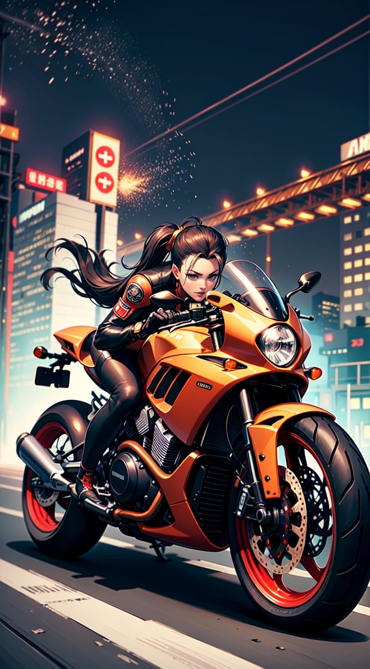 cammy white caferacer motorcycle driving high speed through the city (speeding), (slow motion: 1.3), (motion blur: 1.3), (speed line: 1.4), sense of speed, hot cammy white from king of fighters, glow eyes, sparks and tire smoke, cityscape background, camera on ground, high quality, high resolution, realistic details,Enhance,More Detail