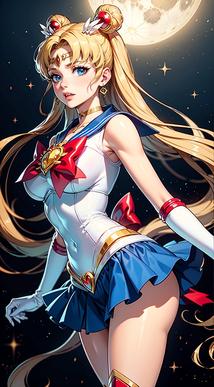 Masterpiece, best quality, (1 girl), super sailor moon, cowboy lens, night sky, moonlight, night, white gloves, blue eyes, galaxy background, multicolored clothes, , blue skirt, hair ornament, red bow, brooch, heart brooch, earrings, crescent, heart necklace, heart, very long hair, crescent moon earrings, tiara, yellow necklace, boots, knee boots, red shoes, long legs, large breast, tattoo,aausagi,comic style