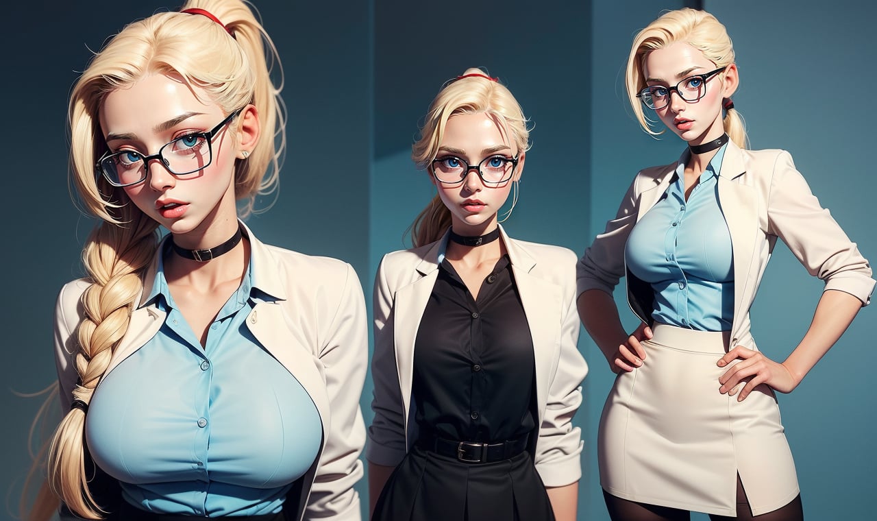  ((Masterpiece, Highest quality)), Detailed face, (character design sheet), full bodyesbian, Full of details, frontal body view, back body view, Highly detailed, Depth, Many parts, Multiple poses and expressions (blond_hair, long_ponytail, glasses,) (light blue eyes), 20 years old, dominant gorgeous girl, same character, (woman pale skin), serious, red lips, (lab suit), girl tall, choker, (Sexy lab Lady ), glasses, short black skirt, white shirt, pantyhose,