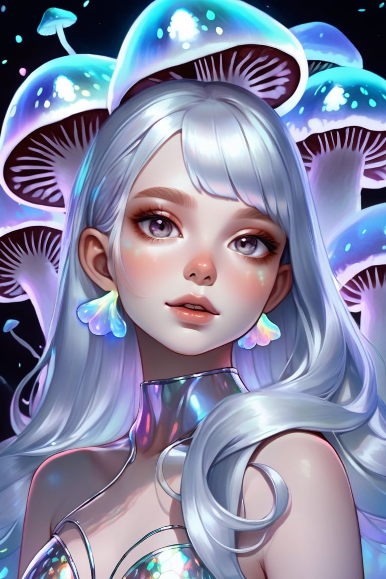Beautiful face with iridescent holographic translucent hair interwoven with glowing mushrooms all around her. Silver Metallic holographic ((mushrooms)) surrounded by mushrooms.
