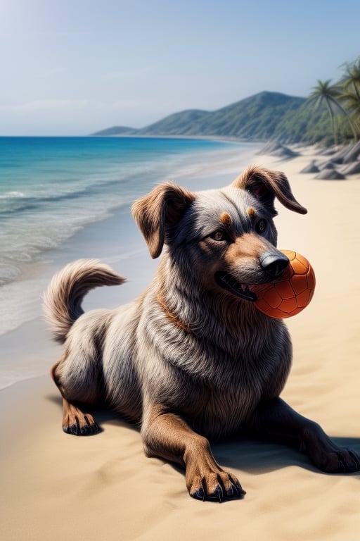 a Kai Ken dog on the beach with a ball in his mouth