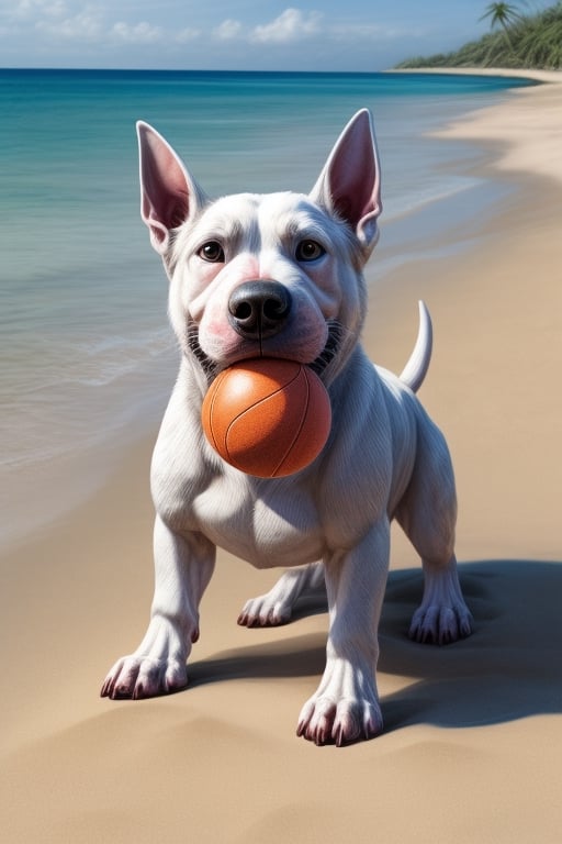 a Biewer Terrier on the beach with a ball in his mouth