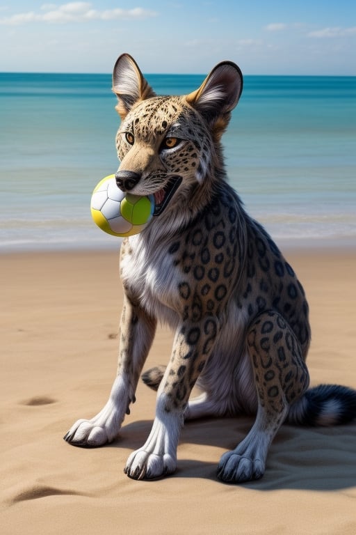 a Catahoula Leopard Dog on the beach with a ball in his mouth