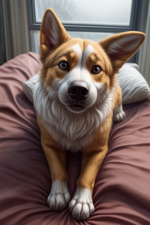 a corgi on a fluffy bed in a house