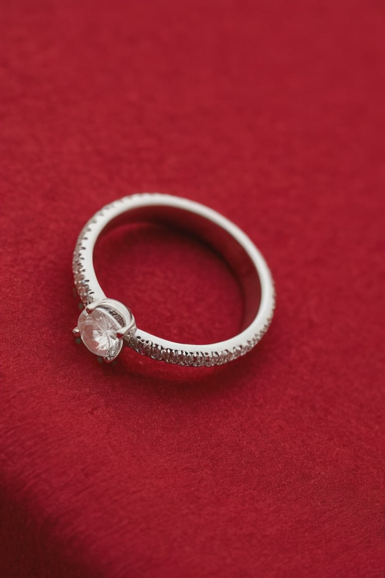 Photo of a silver ring with a White gem  logo on a red bedclothes 