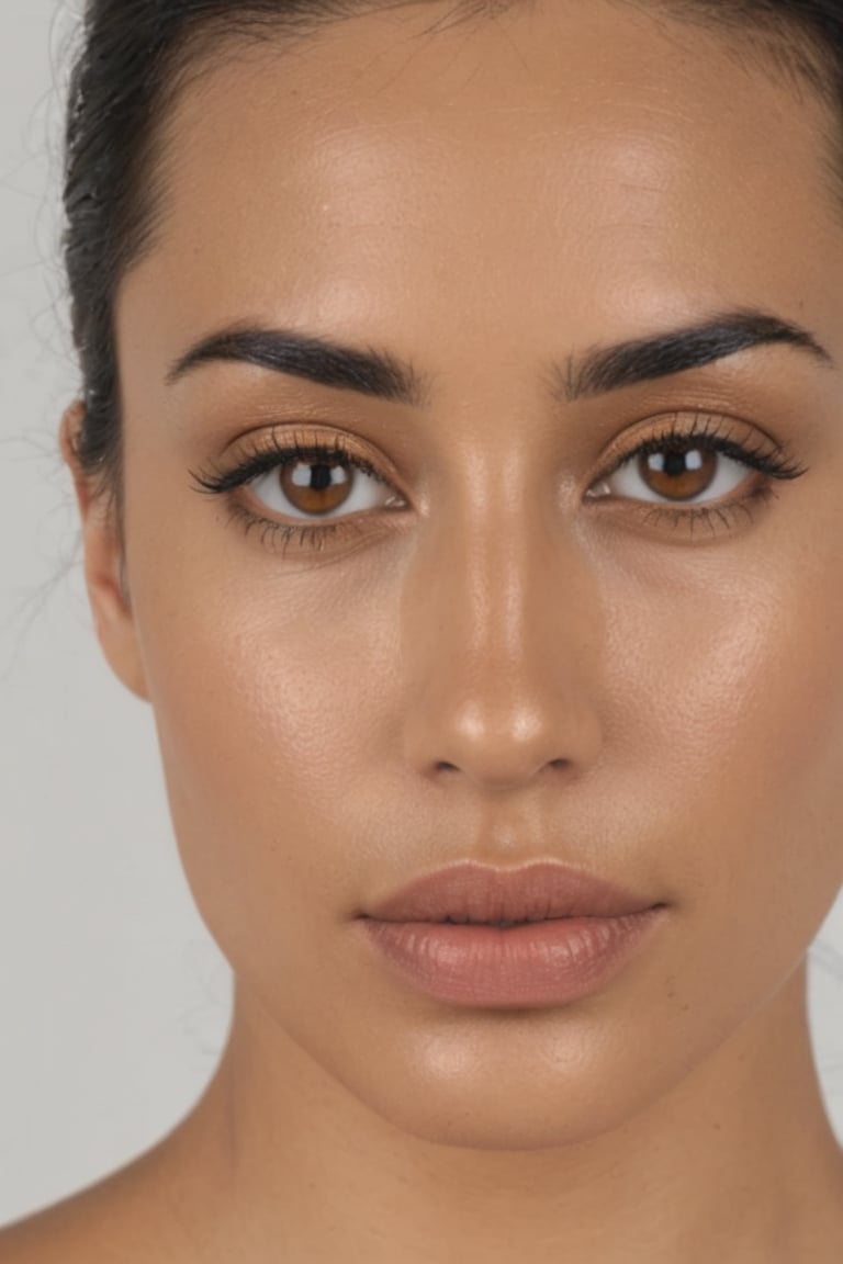 A woman with honey eyes, black eyebrows, black hair, bronze skin, attractive and sexy face, about thirty years old ،