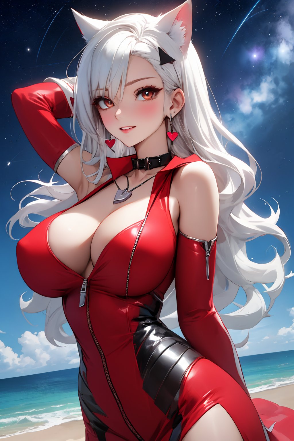 
Highly detailed.High Quality.Masterpiece. Beaitiful (close-up).

Young woman, similar to Rebecca, 20 years old, and good physical condition. She has an extremely voluptous figure with giant bubbies. big white eyes, fair skin, white platinum hair that reaches to her waist, with a red clip on the left side of her head. A pair of triangle-shaped earrings hang from her ears along with a necklace that shows the image of a heart surrounding her neck. His arms are covered by a pair of black and platinum sleeves that only leave his shoulders and hands visible; An intricate figure completes the item at the top. She wears a red collar that exposes his large chest and is decorated with a cat-shaped zipper that hangs between his chest; Embraced by a simple red shirt, sleeveless underneath. She has big white eyes. She is alone, but with a slight simile on her face enjoying a beautiful starry sky in the sea.