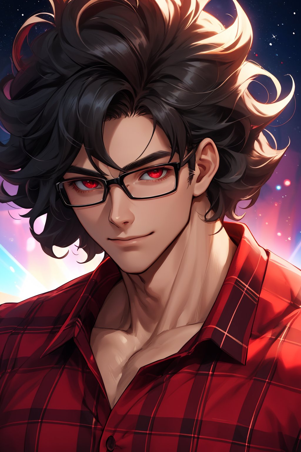 
Highly detailed.High Quality.Masterpiece. Beaitiful (mid close-up).

Young man of 20 years old, dark skin, tall and with a great physique (muscular). His hair is very black, curly, messy and short (very short). He has large light red eyes. He wears a short red plaid shirt and a Black shirt under the red one. He is alone, but with a slight smile on the space. Similar to Clark Kent 