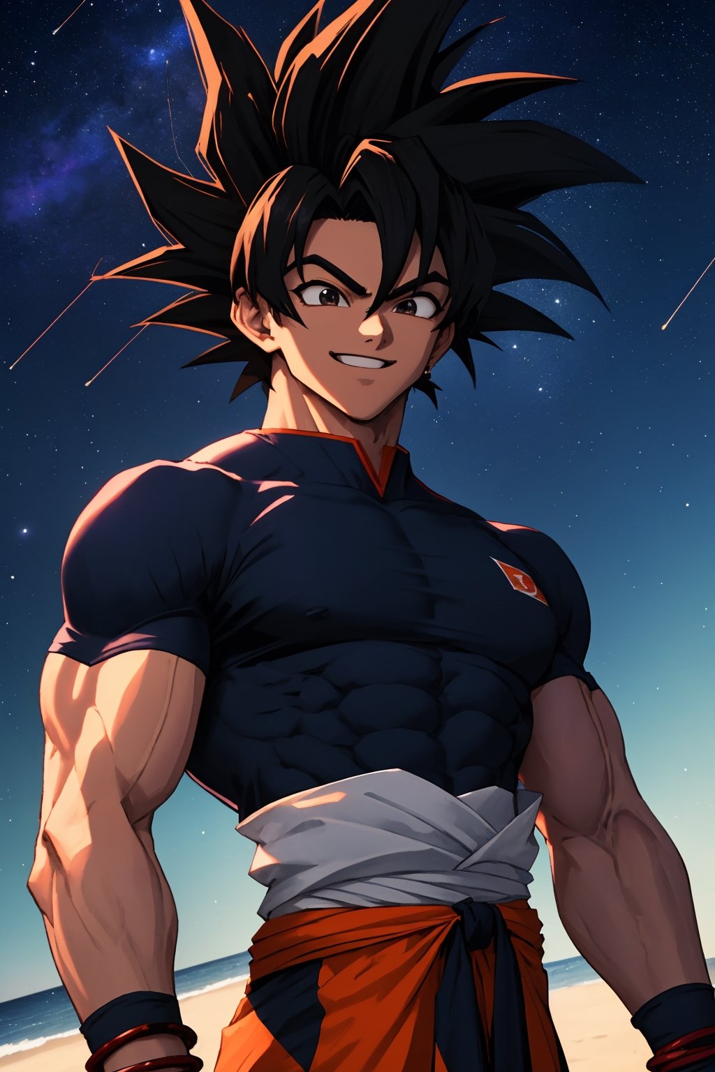 
Highly detailed.High Quality.Masterpiece. Beaitiful (mid shot).

Young man of 20 years old, dark skin, tall and with a great physique (muscular). His hair is black,  curly, short (very short), and has a spiky hairstyle similar Goku's, with two strands sticking out from the back of his head. It has large eyes (well detailed) and and cian color. He wears a short red t-shirt, blue bracelets and black pants. He is alone, but with a happy smile on his face enjoying a beautiful starry sky on a beach.