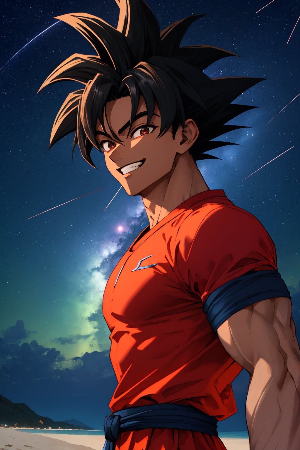 
Highly detailed.High Quality.Masterpiece. Beaitiful (mid shot).

Young man of 20 years old, dark skin, tall and with a great physique (muscular). His hair is black,  curly, short (very short), and has a spiky hairstyle similar Goku's, with two strands sticking out from the back of his head. It has large eyes (well detailed) and and cian color. He wears a short red t-shirt, blue bracelets and black pants. He is alone, but with a happy smile on his face enjoying a beautiful starry sky on a beach.