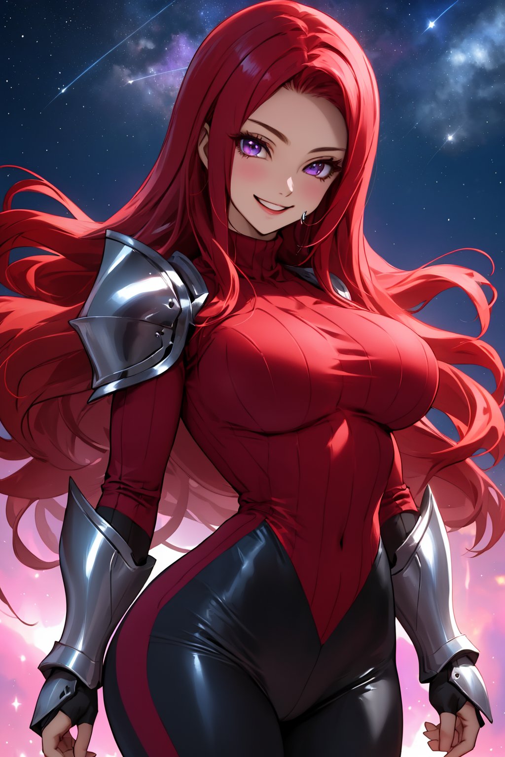 
Highly detailed.High Quality.Masterpiece. Beaitiful ( close-up).

Young woman, 22 years old, light skin and good physical condition. She has an extremely  voluptuous body, with big breasts. she has a platinum armor, short red sweter and black long pants. Her hair is reddish-pink (redder), wavy and short. He has big purple eyes. It's the same outfit as Erza. She is alone, but with a happy smile on her face enjoying a beautiful starry sky in Olympus.