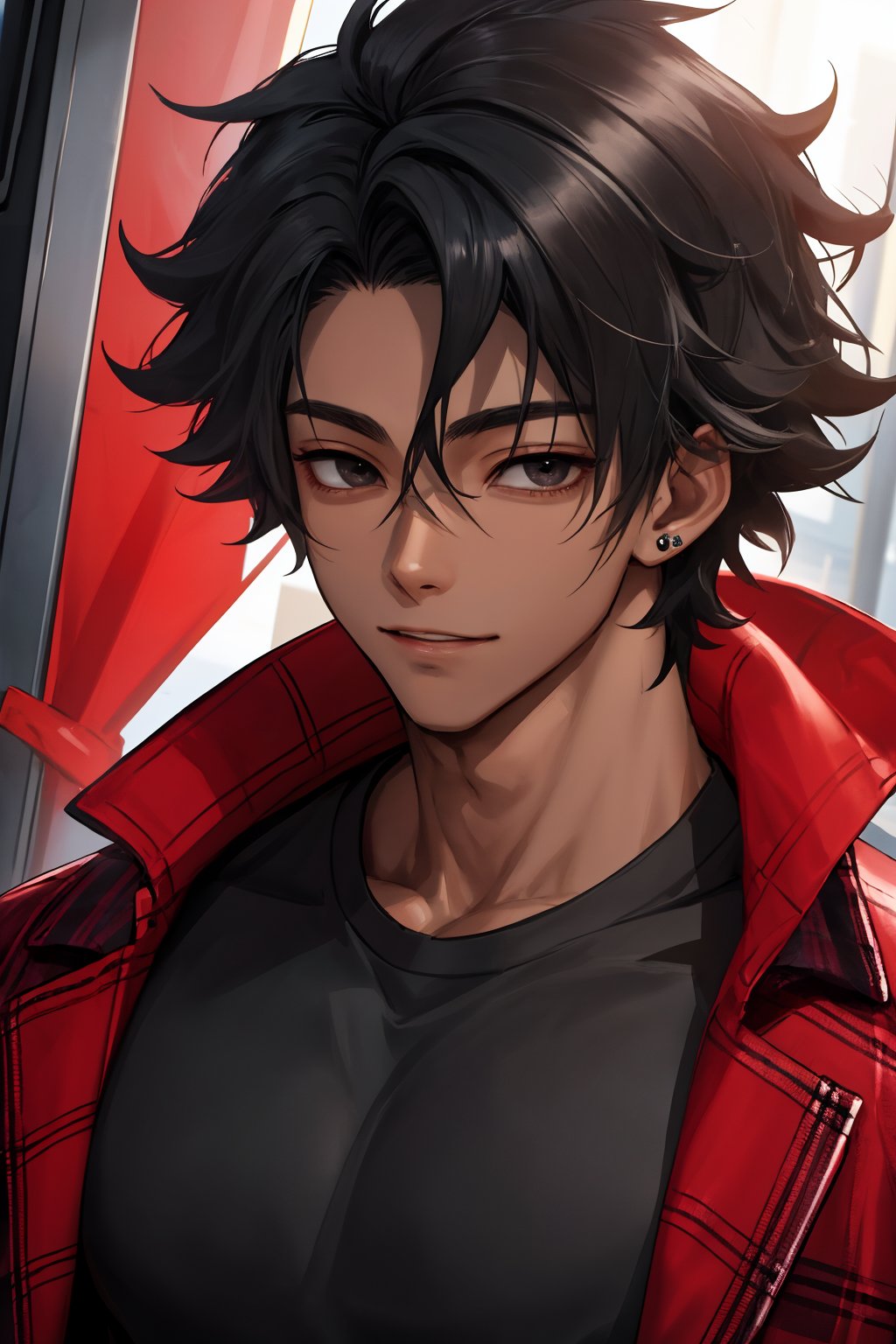 
Highly detailed.High Quality.Masterpiece. Beaitiful (close-up).

Young man of 20 years old, dark skin, tall and with a great physique (muscular). His hair is very black, curly, messy and short (very short). He has large black eyes. He wears a short red plaid jacket and a Black t-shirt under the red one. He is alone, but with a slight smile on the space. Similar to Yuta 