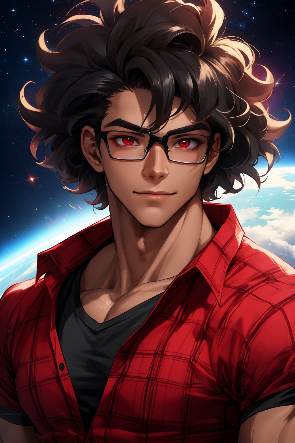 
Highly detailed.High Quality.Masterpiece. Beaitiful (mid close-up).

Young man of 20 years old, dark skin, tall and with a great physique (muscular). His hair is very black, curly, messy and short (very short). He has large light red eyes. He wears a short red plaid shirt and a Black shirt under the red one. He is alone, but with a slight smile on the space. Similar to Clark Kent 