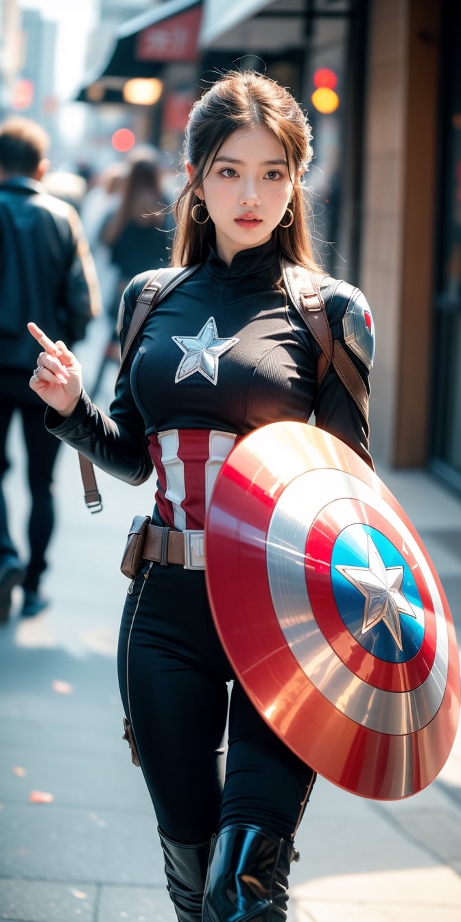 a beautiful and cute Woman wearing a  captain America suit and Without mask ,Without a helmet , disfigured forms, holding a Captain America's shield, looking at forward fighting pose.
walking in the street buying food for breakfast masterpiece, with ambience light, photorealistic, best quality, skin details, 8k intri, HDR, full_body, cinematic lighting, sharp focus, eyeliner, lips, earrings, hmmikasa,Detailedface,Extremely Realistic