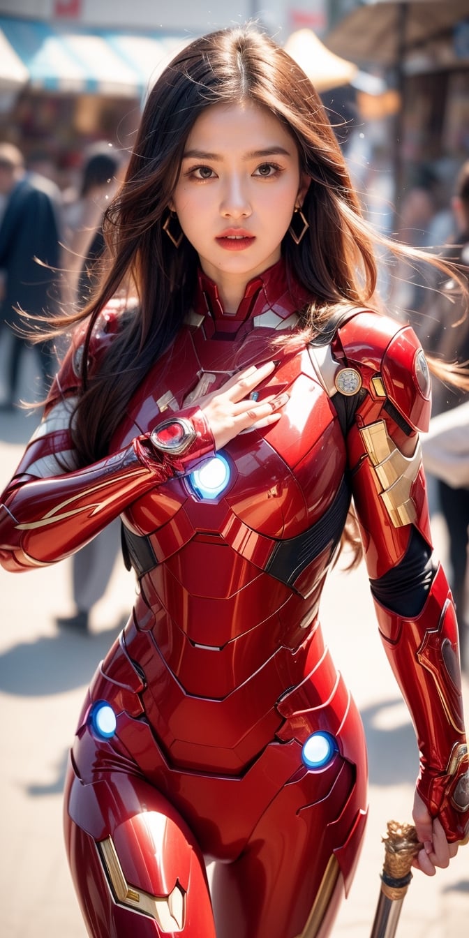 a beautiful and cute Woman wearing a  Mark 49 Iron Man Armor suit and Without mask ,Without a helmet , disfigured forms, holding a sword, looking at forward fighting pose.
walking in the market buying food to break the fast masterpiece, with ambience light, photorealistic, best quality, skin details, 8k intri, HDR, half body, cinematic lighting, sharp focus, eyeliner, lips, earrings, hmmikasa,Detailedface,Extremely Realistic