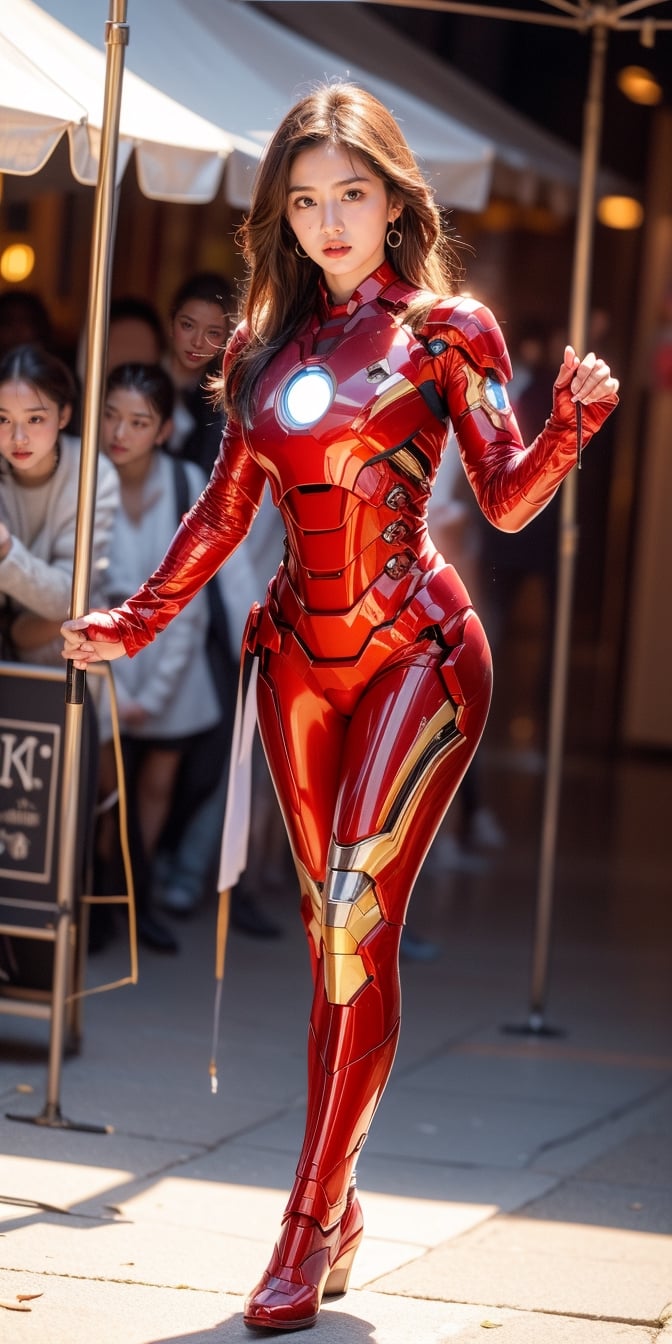 a beautiful and cute Woman wearing a  iron man suit and Without mask ,Without a helmet , disfigured forms, holding a sword, looking at forward fighting pose.
walking in the market buying food to break the fast masterpiece, with ambience light, photorealistic, best quality, skin details, 8k intri, HDR, half body, cinematic lighting, sharp focus, eyeliner, lips, earrings, hmmikasa,Detailedface,Extremely Realistic