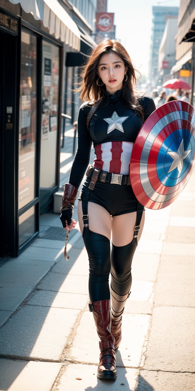 a beautiful and cute Woman wearing a  captain America suit and Without mask ,Without a helmet , disfigured forms, holding a Captain America's shield, looking at forward fighting pose.
walking in the street buying food for breakfast masterpiece, with ambience light, photorealistic, best quality, skin details, 8k intri, HDR, full_body, cinematic lighting, sharp focus, eyeliner, lips, earrings, hmmikasa,Detailedface,Extremely Realistic